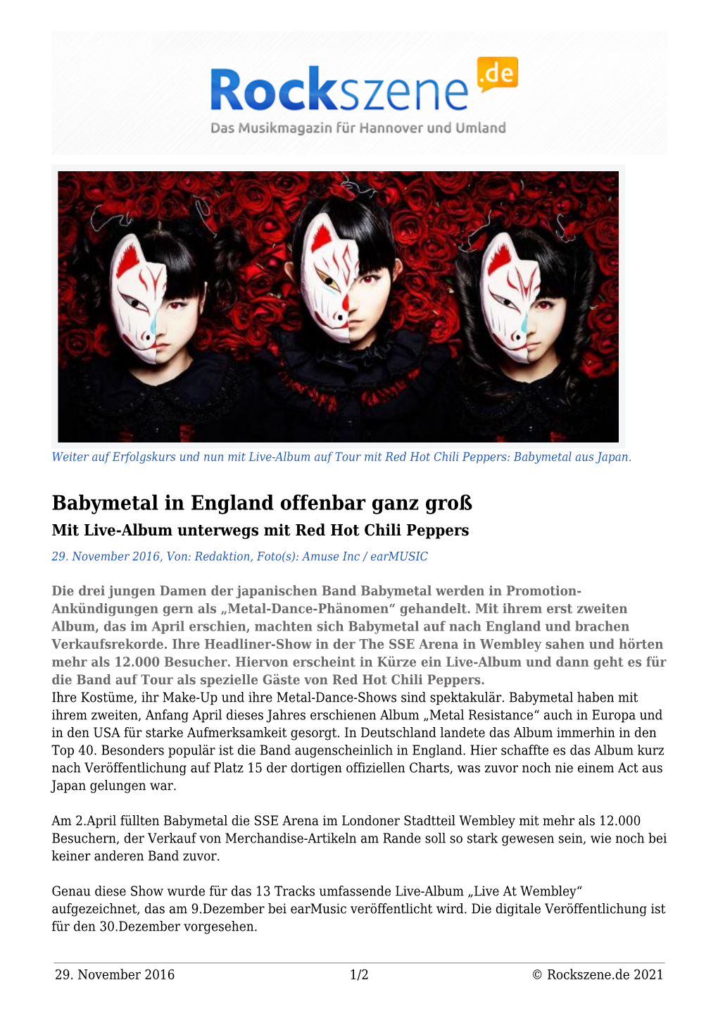 Babymetal in England Offenbar Ganz Groß Mit Live-Album Unterwegs Mit Red Hot Chili Peppers