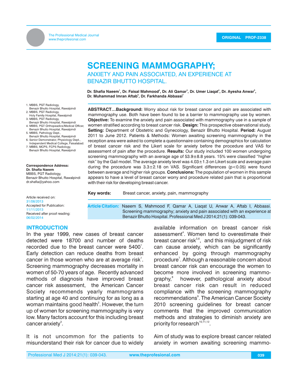 Screening Mammography; Anxiety and Pain Associated, an Experience at Benazir Bhutto Hospital