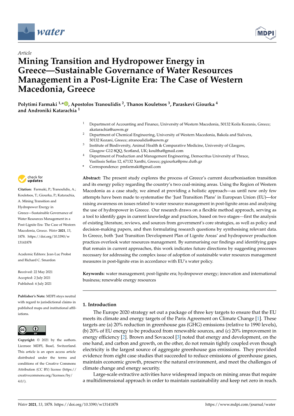 Mining Transition and Hydropower Energy in Greece—Sustainable Governance of Water Resources Management in a Post-Lignite Era: the Case of Western Macedonia, Greece