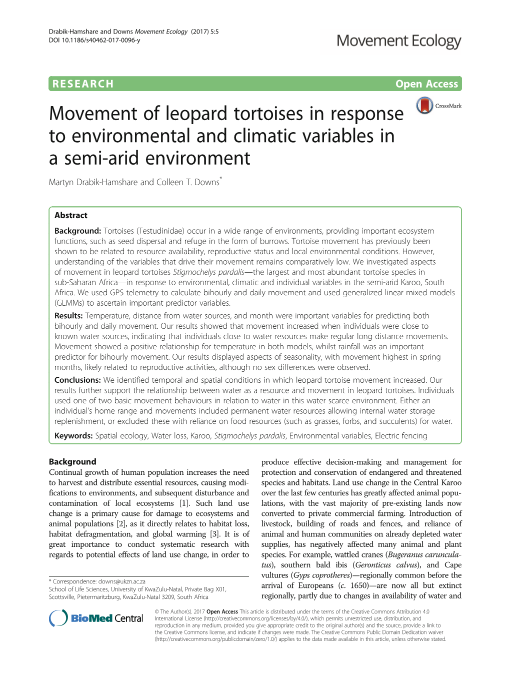 Movement of Leopard Tortoises in Response to Environmental and Climatic Variables in a Semi-Arid Environment Martyn Drabik-Hamshare and Colleen T