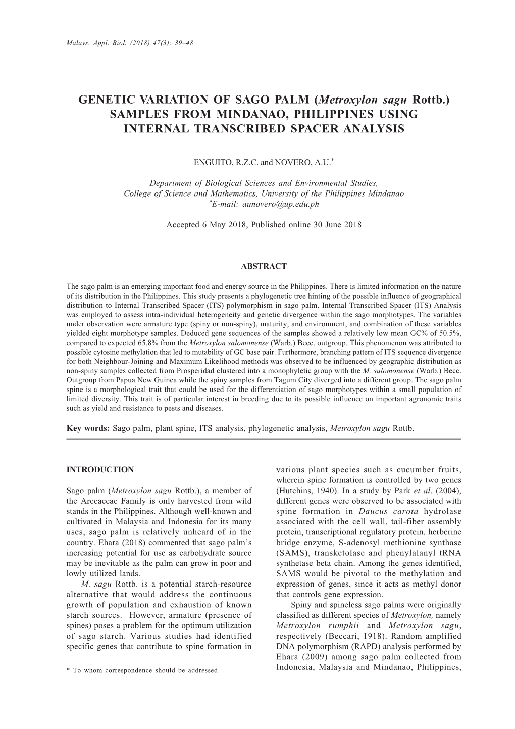 GENETIC VARIATION of SAGO PALM (Metroxylon Sagu Rottb.) SAMPLES from MINDANAO, PHILIPPINES USING INTERNAL TRANSCRIBED SPACER ANALYSIS