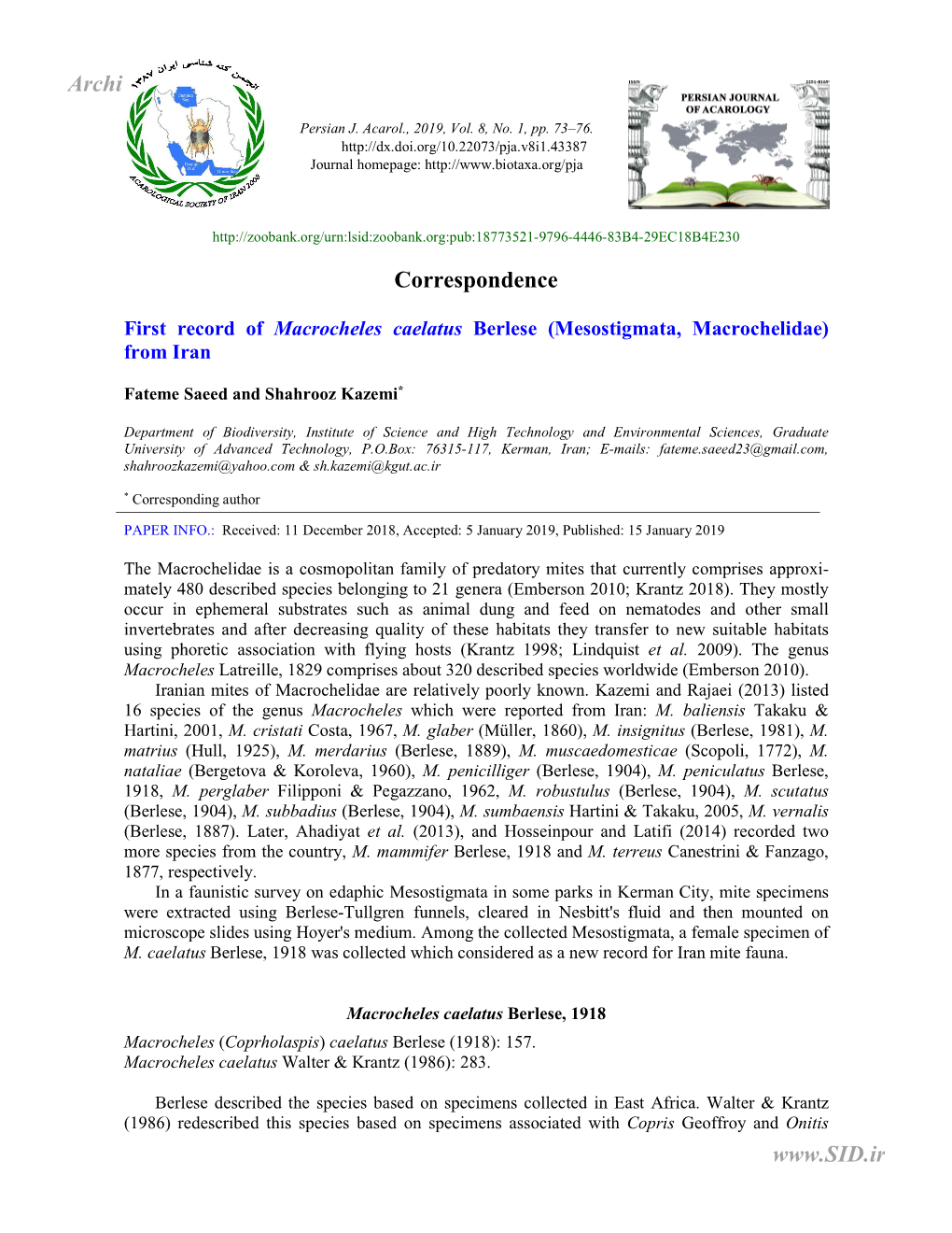 First Record of Macrocheles Caelatus Berlese (Mesostigmata, Macrochelidae) from Iran