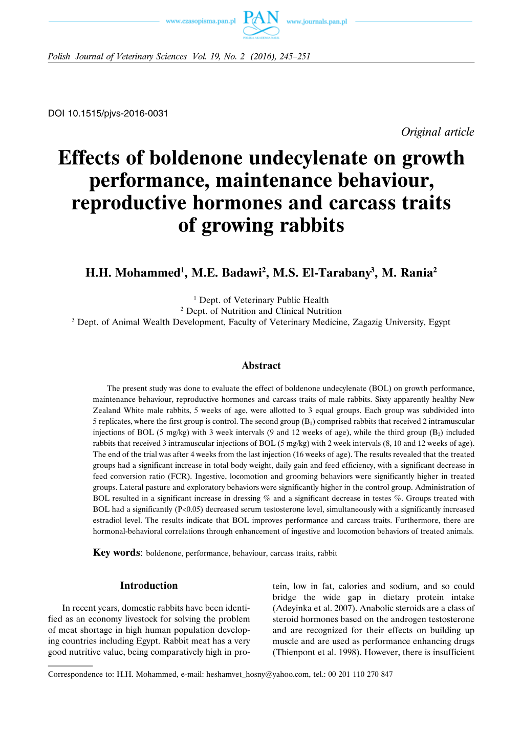 Effects of Boldenone Undecylenate on Growth Performance, Maintenance Behaviour, Reproductive Hormones and Carcass Traits of Growing Rabbits