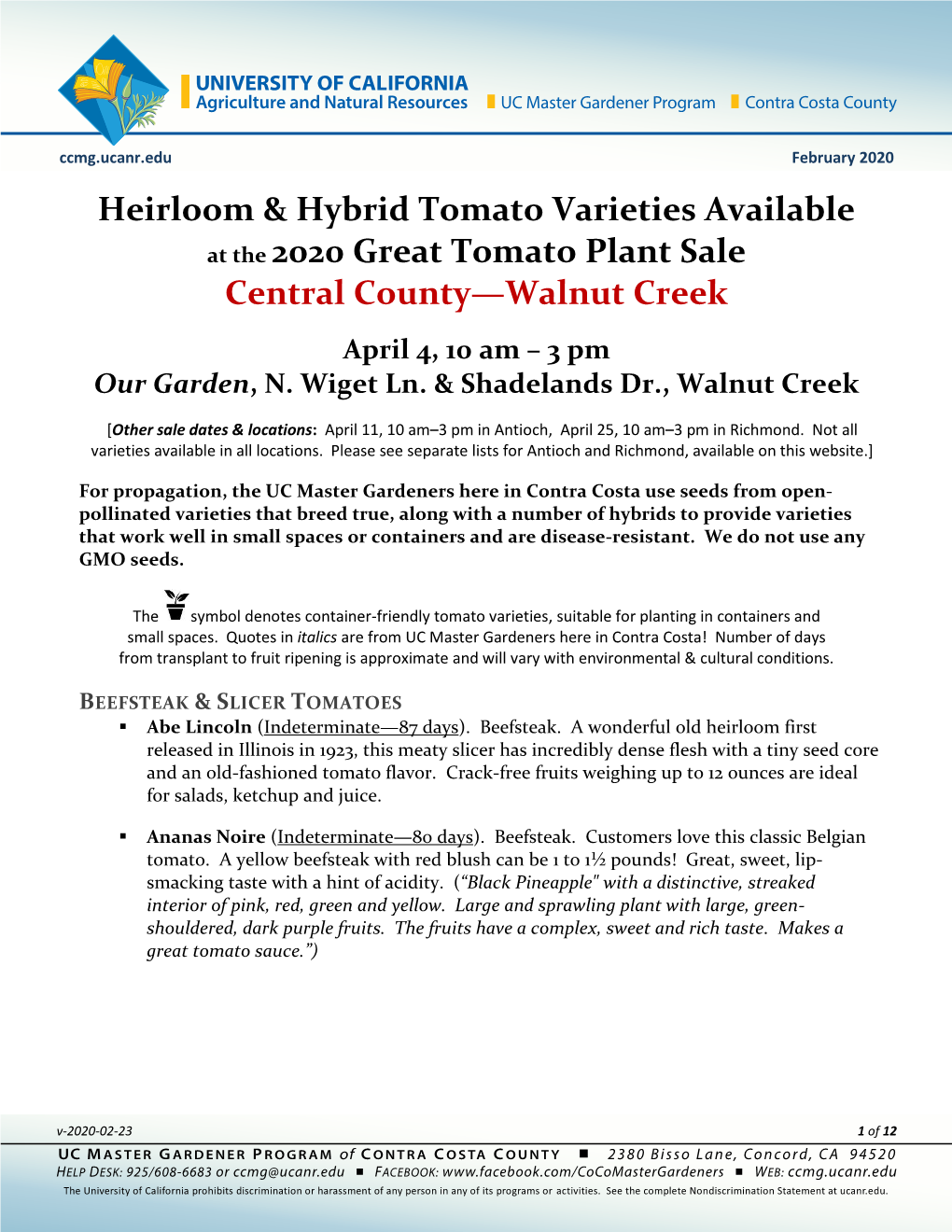 2020 GTPS Tomato Varieties-Walnut Creek