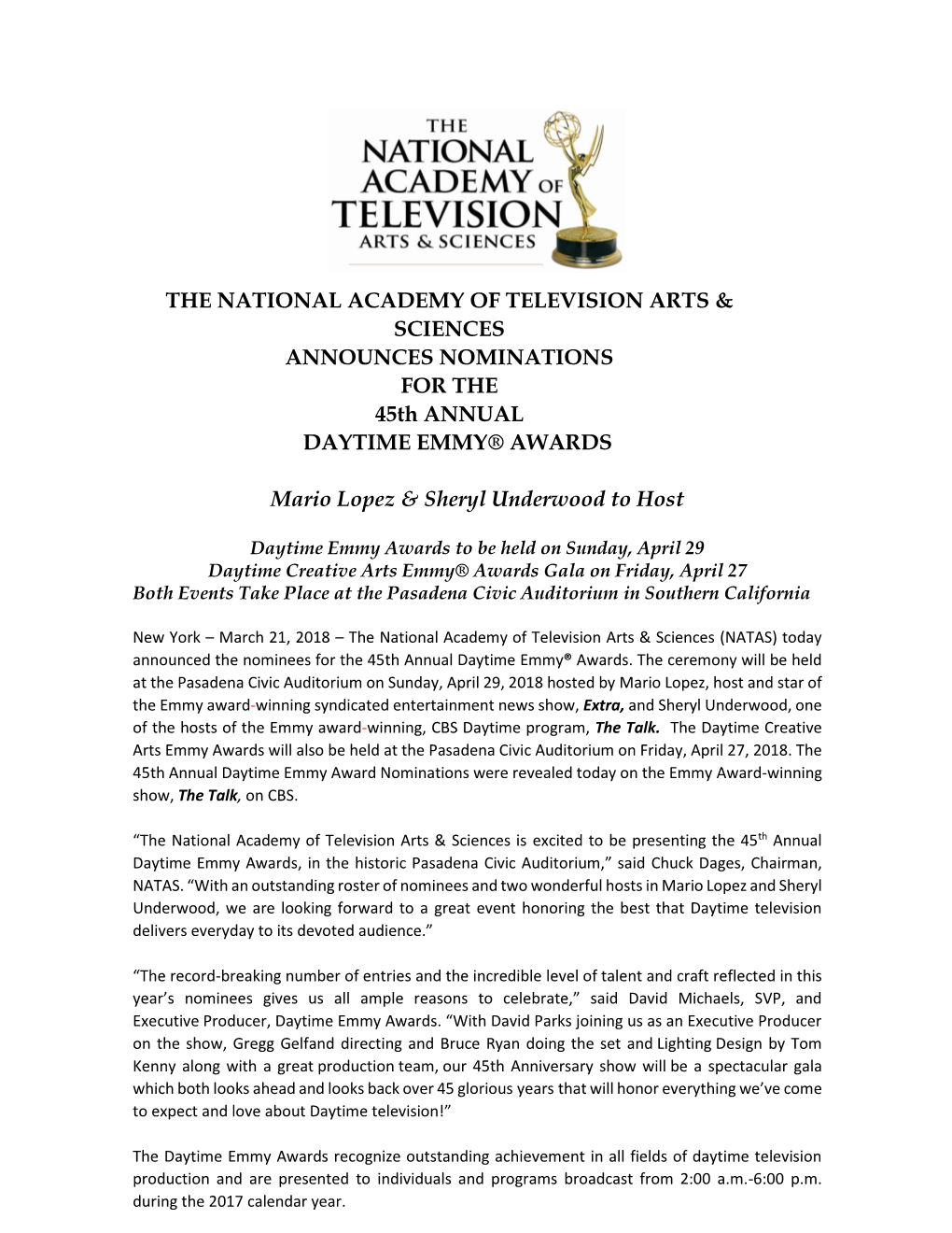 THE NATIONAL ACADEMY of TELEVISION ARTS & SCIENCES ANNOUNCES NOMINATIONS for the 45Th ANNUAL DAYTIME EMMY® AWARDS