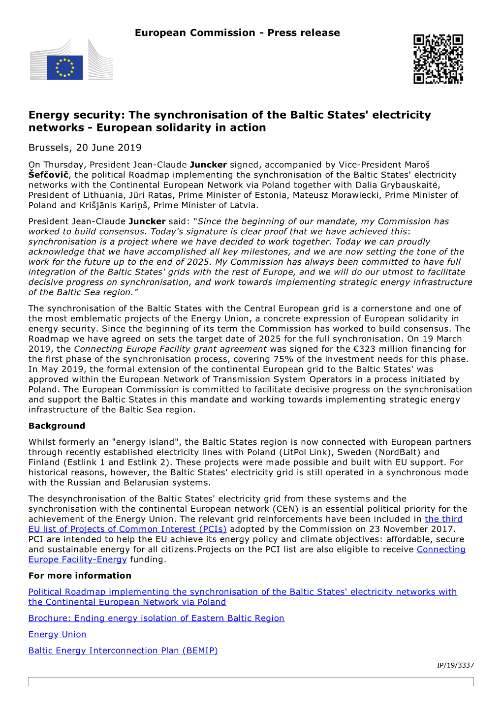 The Synchronisation of the Baltic States' Electricity Networks