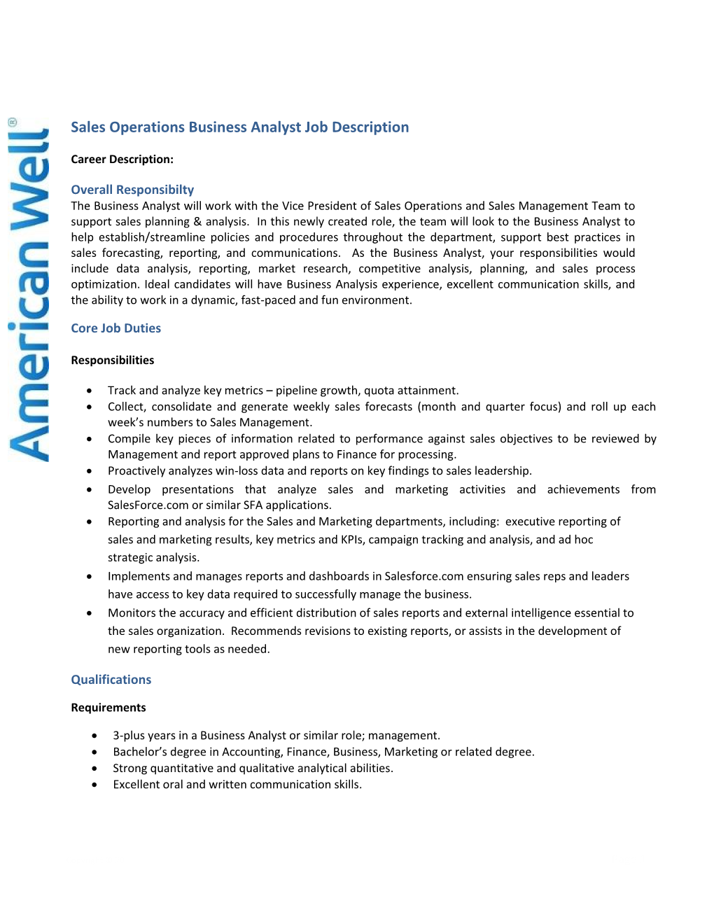 Sales Operations Business Analyst Job Description