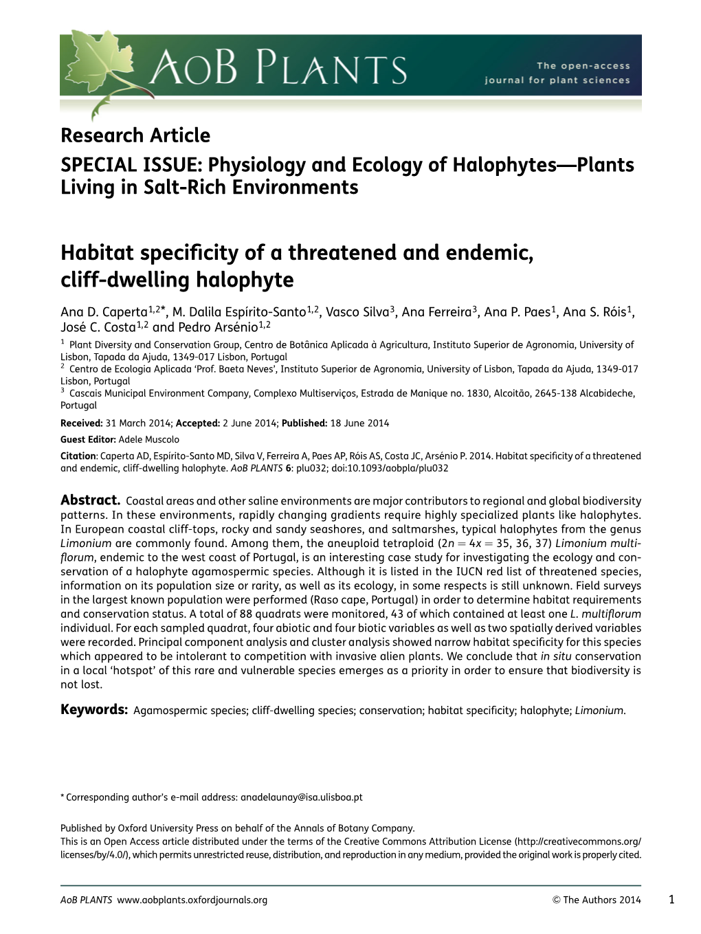 Habitat Specificity of a Threatened and Endemic, Cliff-Dwelling Halophyte