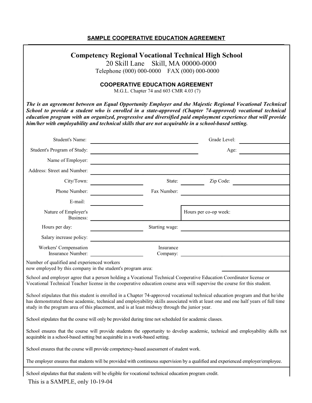 Sample Cooperative Education Agreement