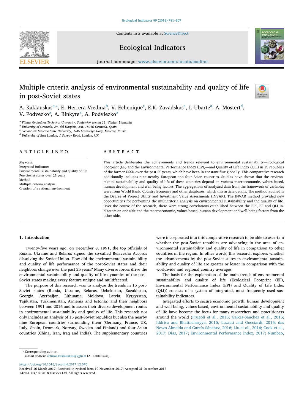 Multiple Criteria Analysis of Environmental Sustainability and Quality of Life T in Post-Soviet States ⁎ A