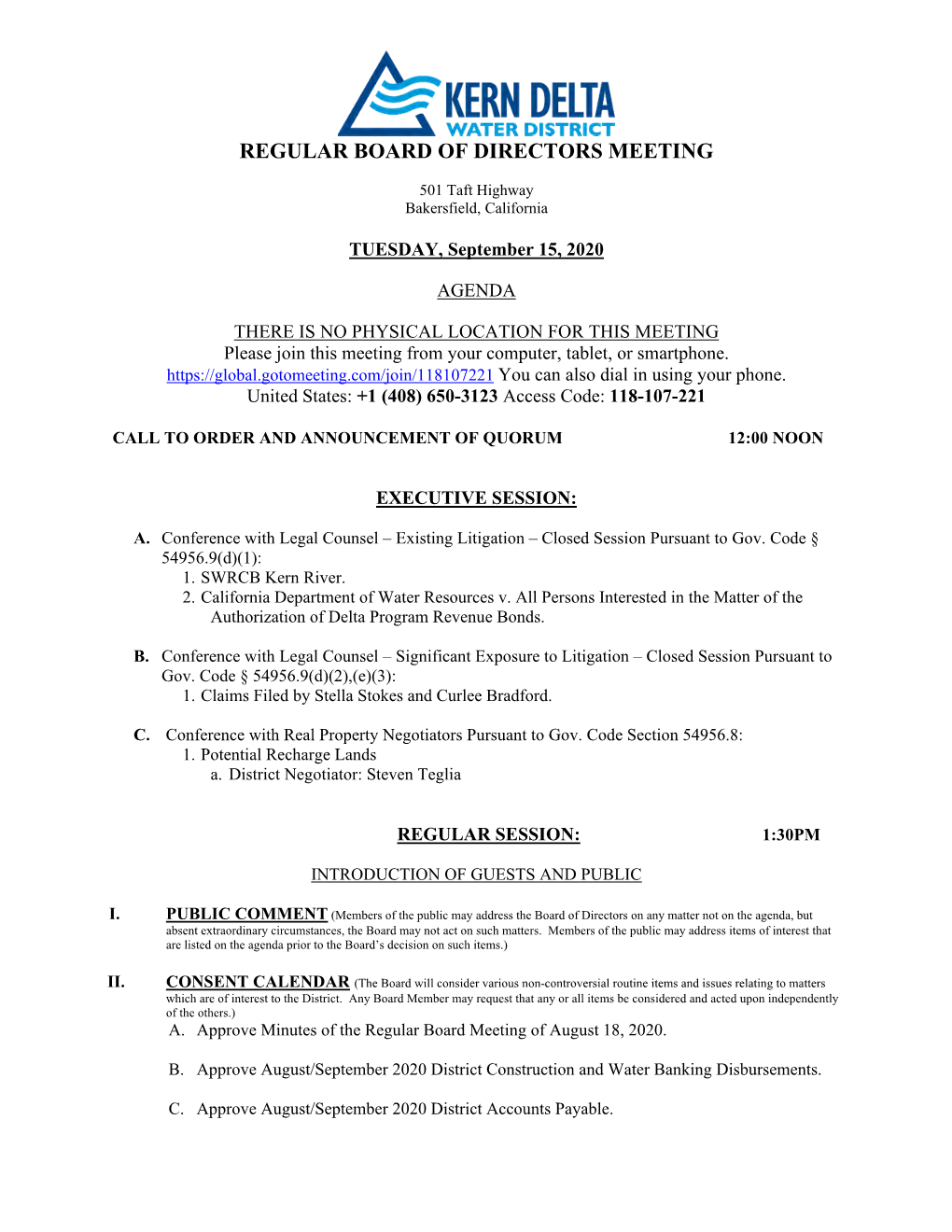 September 15, 2020 Board Agenda