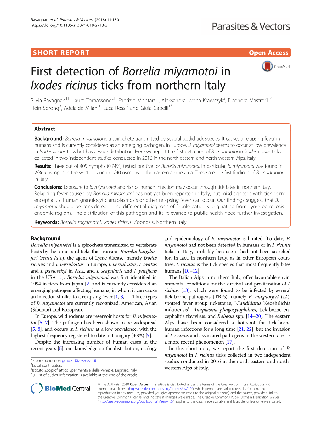 First Detection of Borrelia Miyamotoi in Ixodes Ricinus Ticks from Northern Italy