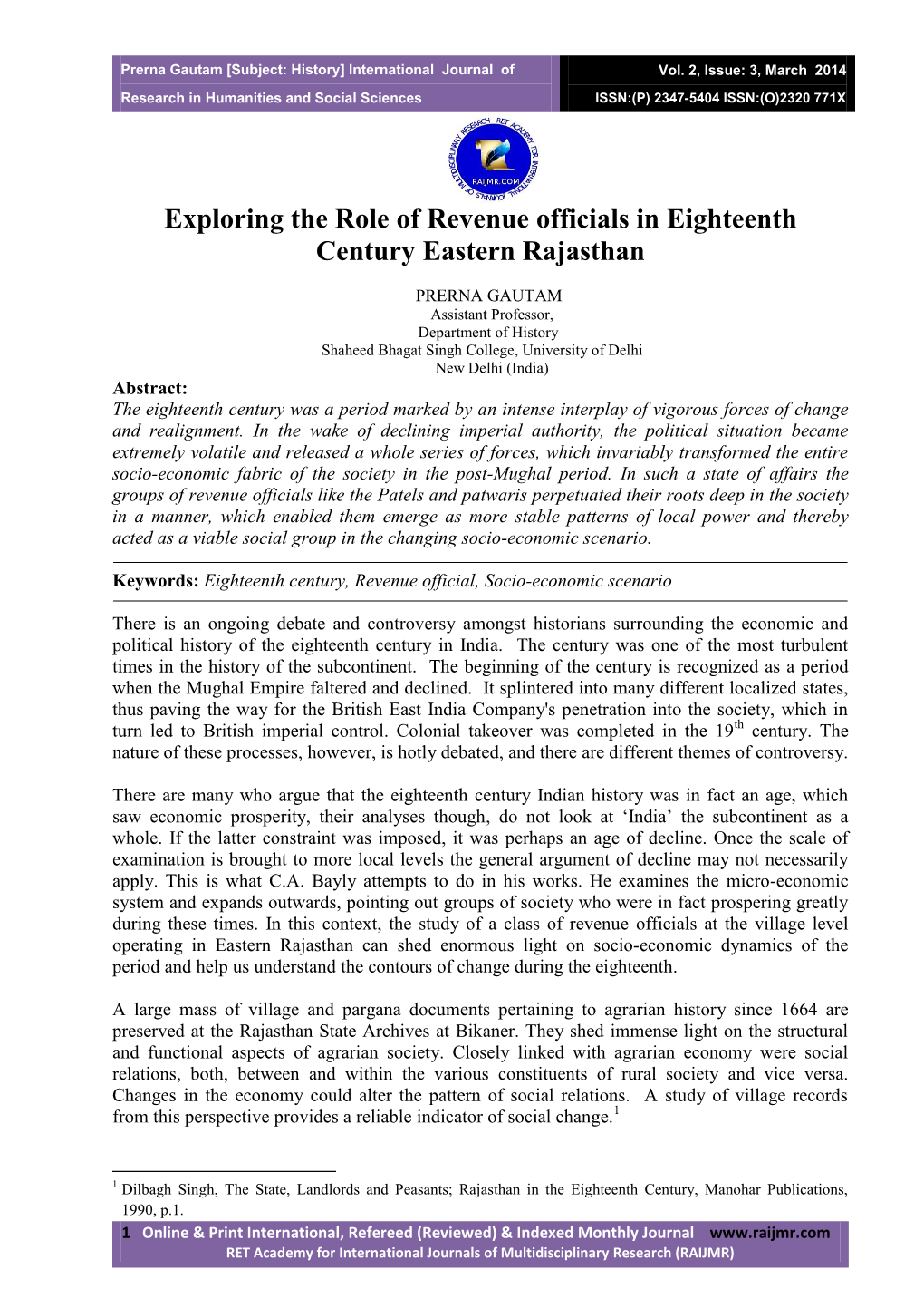 Exploring the Role of Revenue Officials in Eighteenth Century Eastern Rajasthan