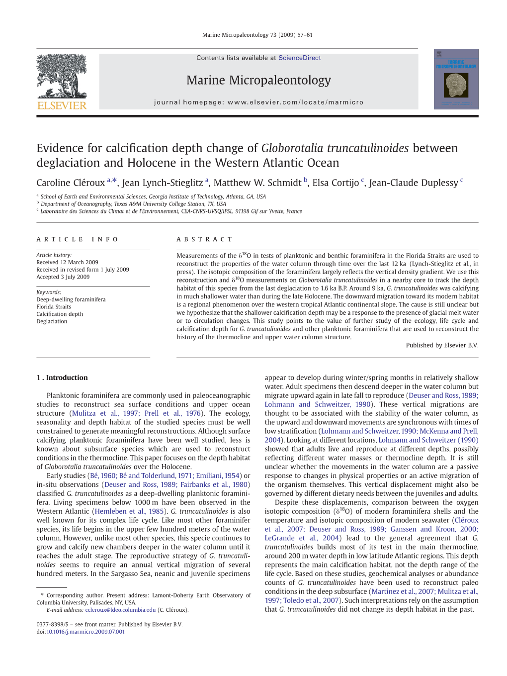 Evidence for Calcification Depth Change of Globorotalia