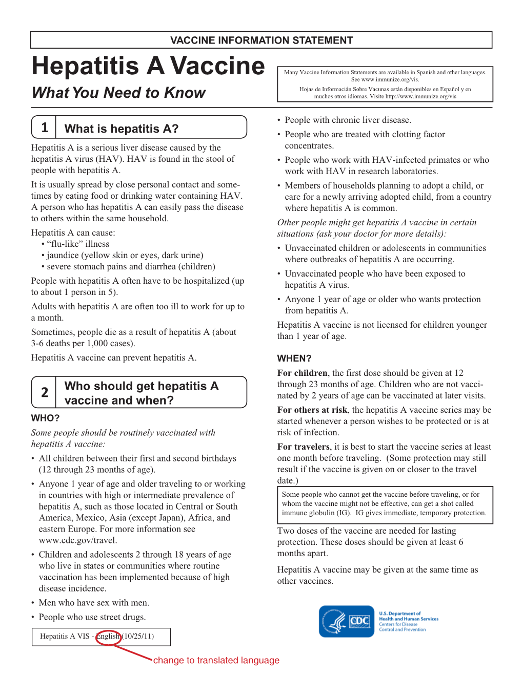 Hepatitis a Vaccine Many Vaccine Information Statements Are Available in Spanish and Other Languages