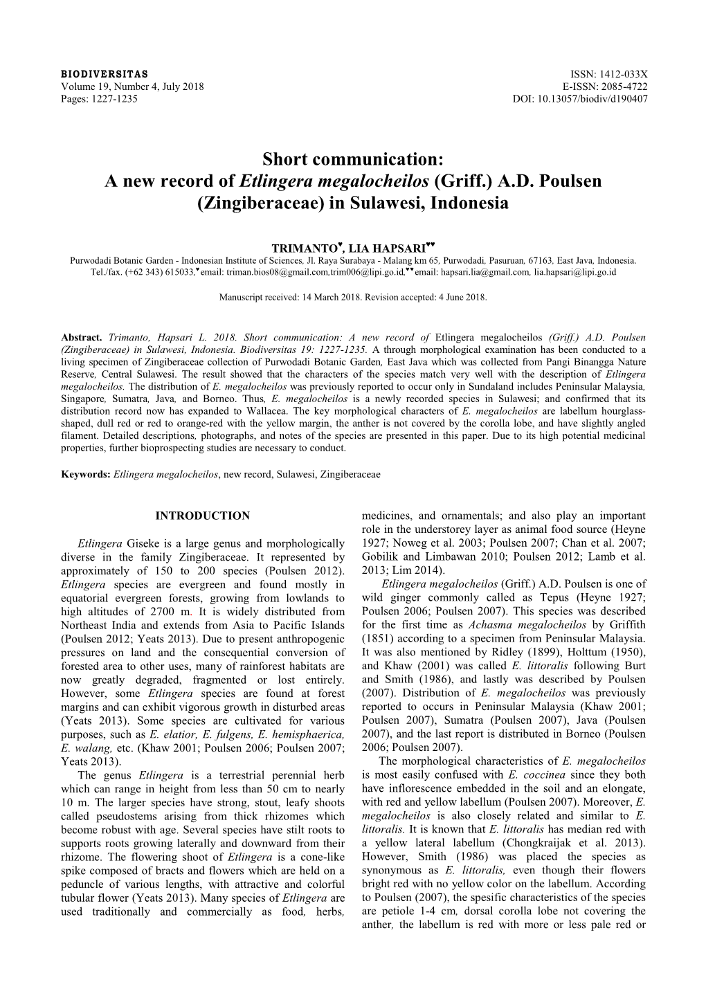 Short Communication: a New Record of Etlingera Megalocheilos (Griff.) A.D. Poulsen (Zingiberaceae) in Sulawesi, Indonesia