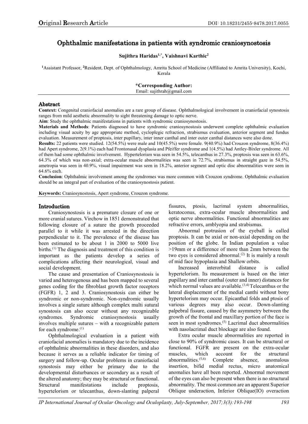 Ophthalmic Manifestations in Patients with Syndromic Craniosynostosis