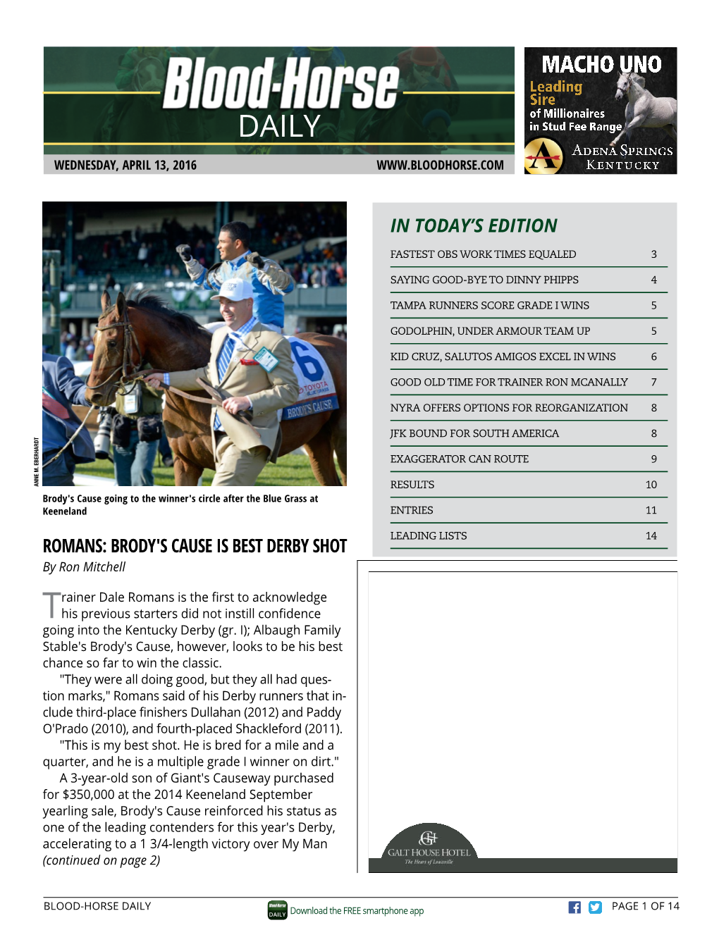 Brody's Cause Is Best Derby Shot in Today's Edition