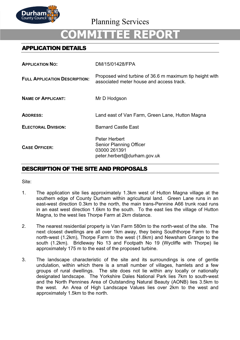 Land East of Van Farm, Green Lane, Hutton Magna PDF 430 KB