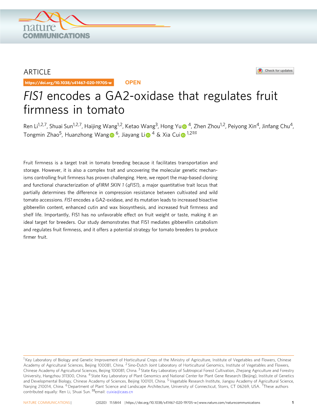 FIS1 Encodes a GA2-Oxidase That Regulates Fruit Firmness in Tomato