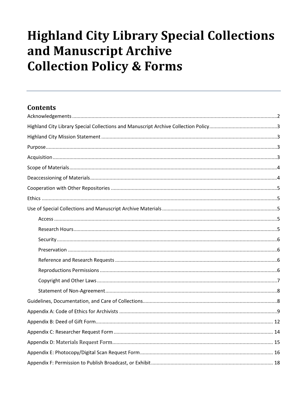 Highland City Library Special Collections and Manuscript Archive Collection Policy & Forms