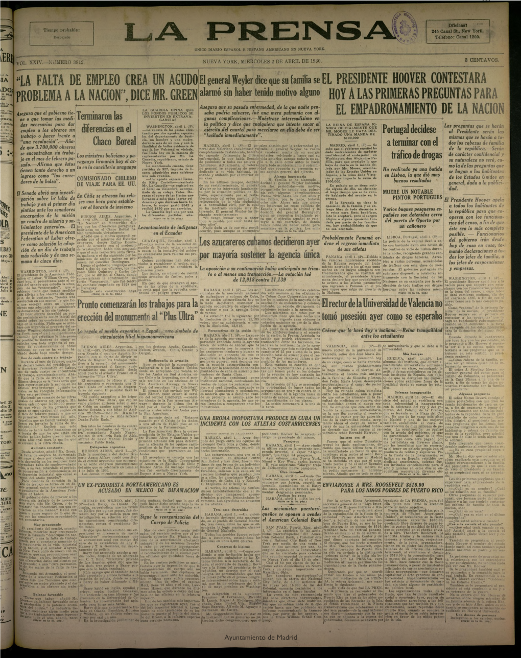 La Prensa: Único Diario Español E Hispano Americano En Nueva York, De 2 De Abril De 1930, Nº3812