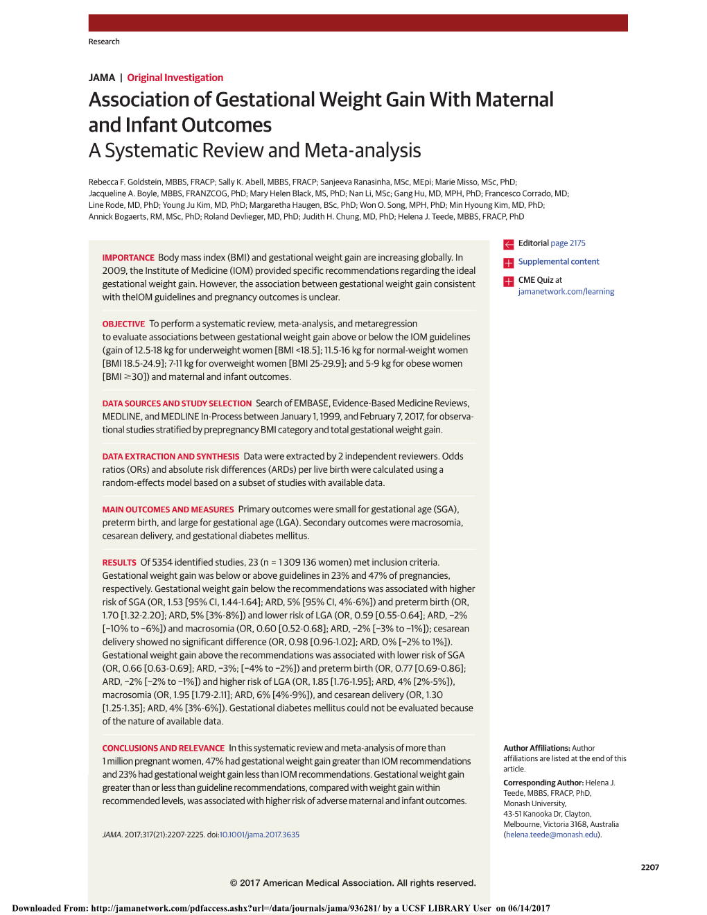 Association of Gestational Weight Gain with Maternal and Infant Outcomesa Systematic Review and Meta-Analysis