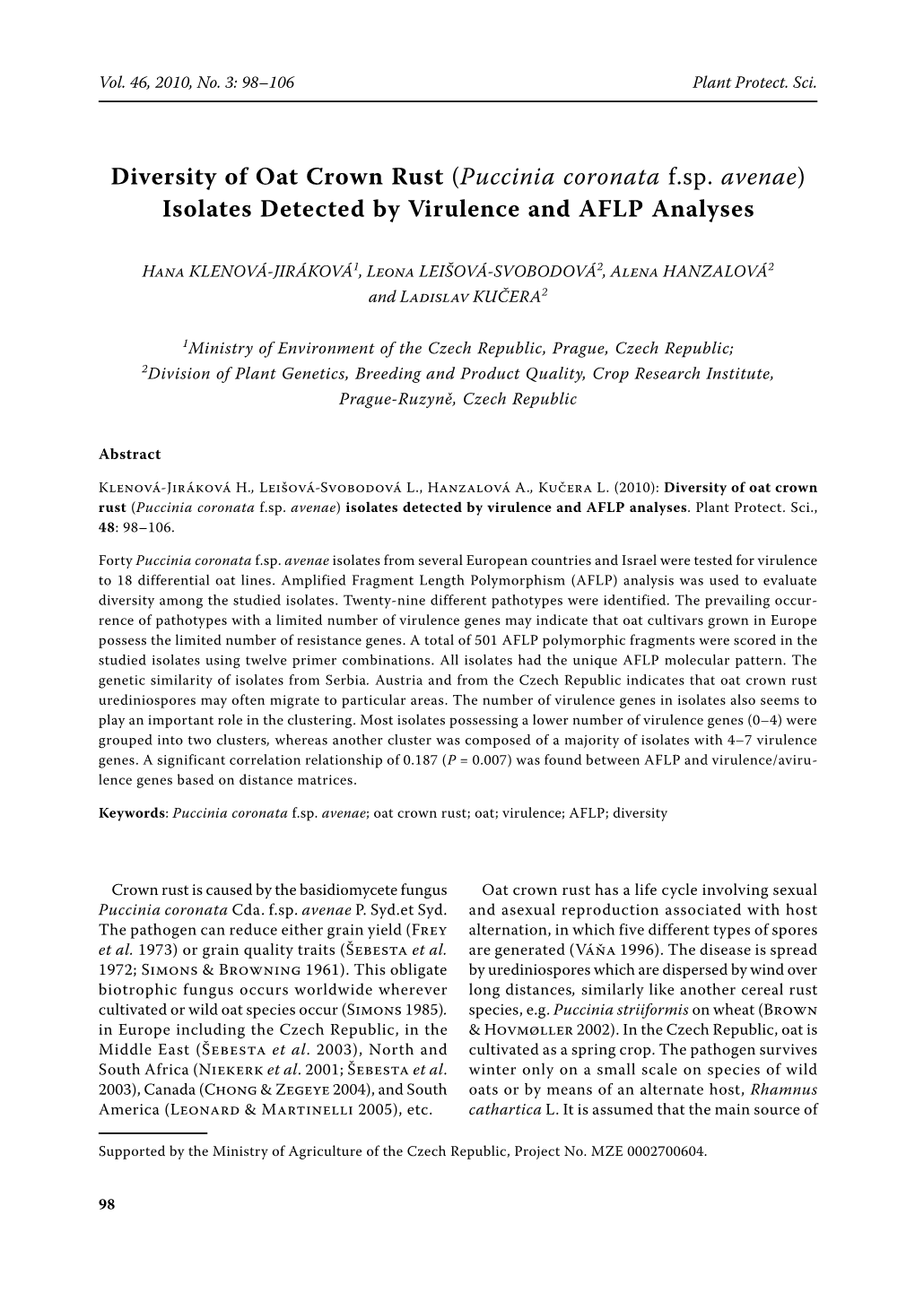 Diversity of Oat Crown Rust (Puccinia Coronata F.Sp. Avenae) Isolates Detected by Virulence and AFLP Analyses