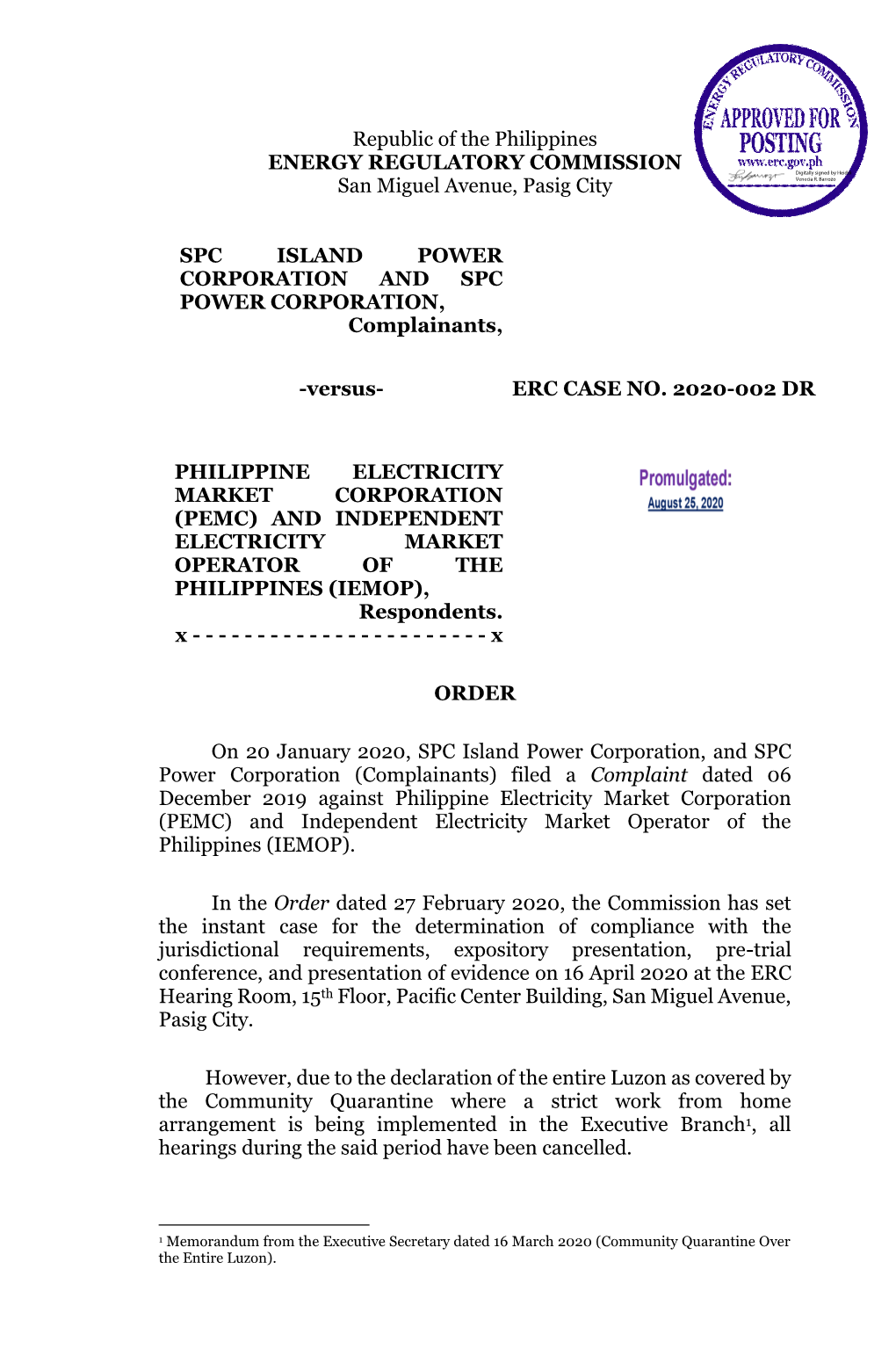 Republic of the Philippines ENERGY REGULATORY COMMISSION San Miguel Avenue, Pasig City