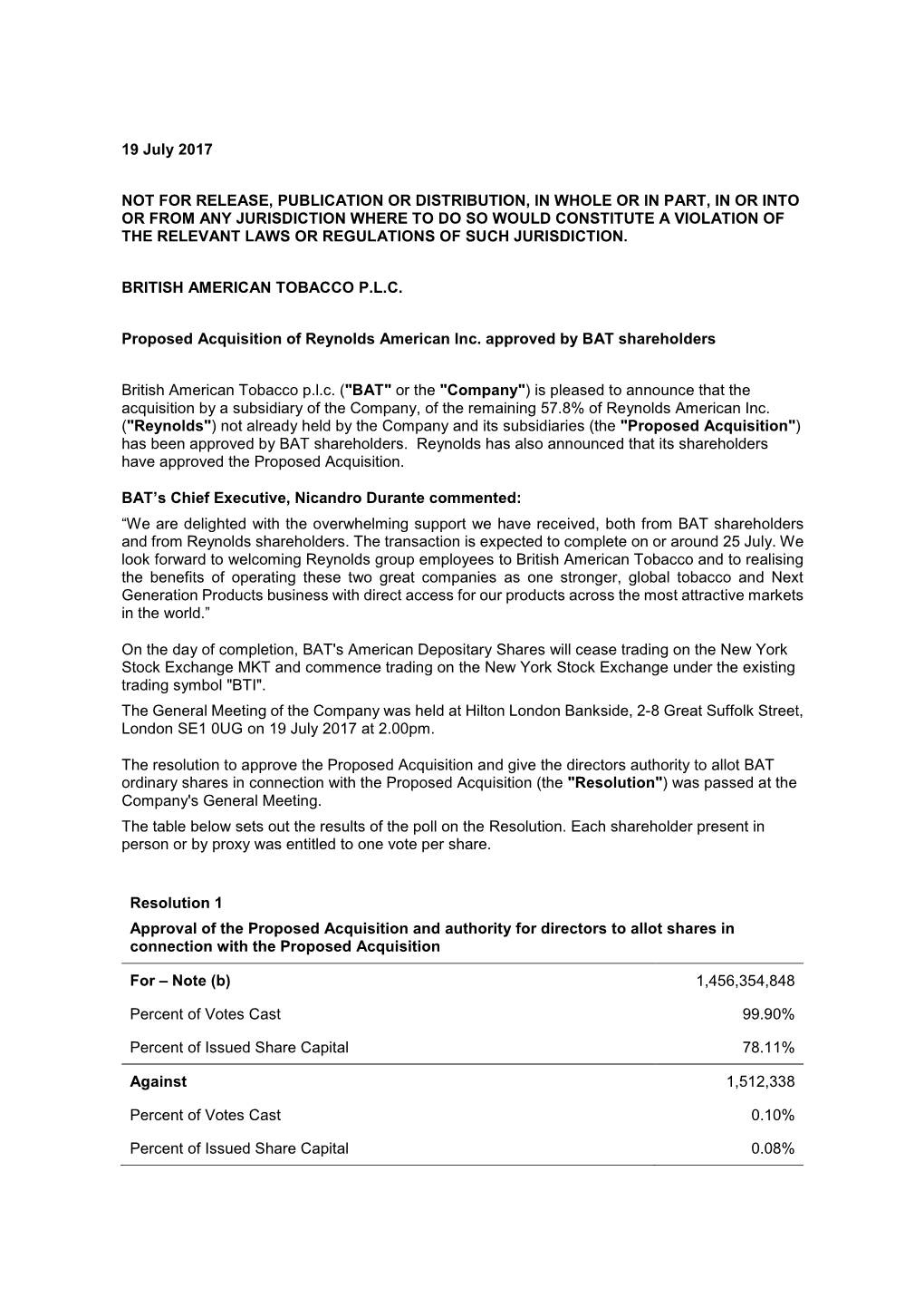 Proposed Acquisition of Reynolds American Inc. Approved by BAT Shareholders