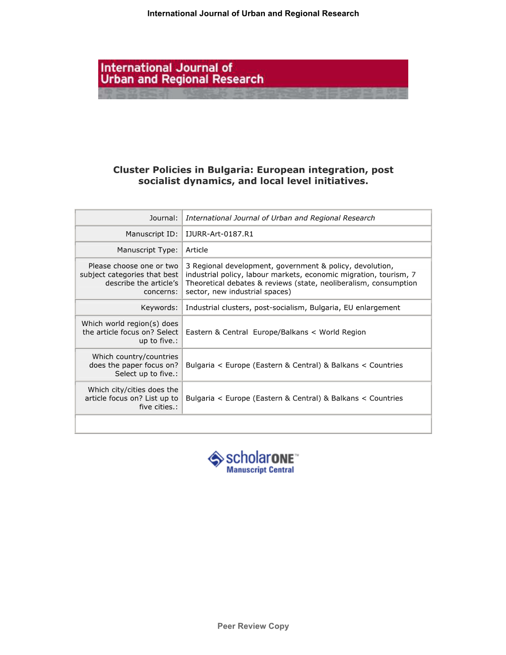 Cluster Policies in Bulgaria: European Integration, Post Socialist Dynamics, and Local Level Initiatives