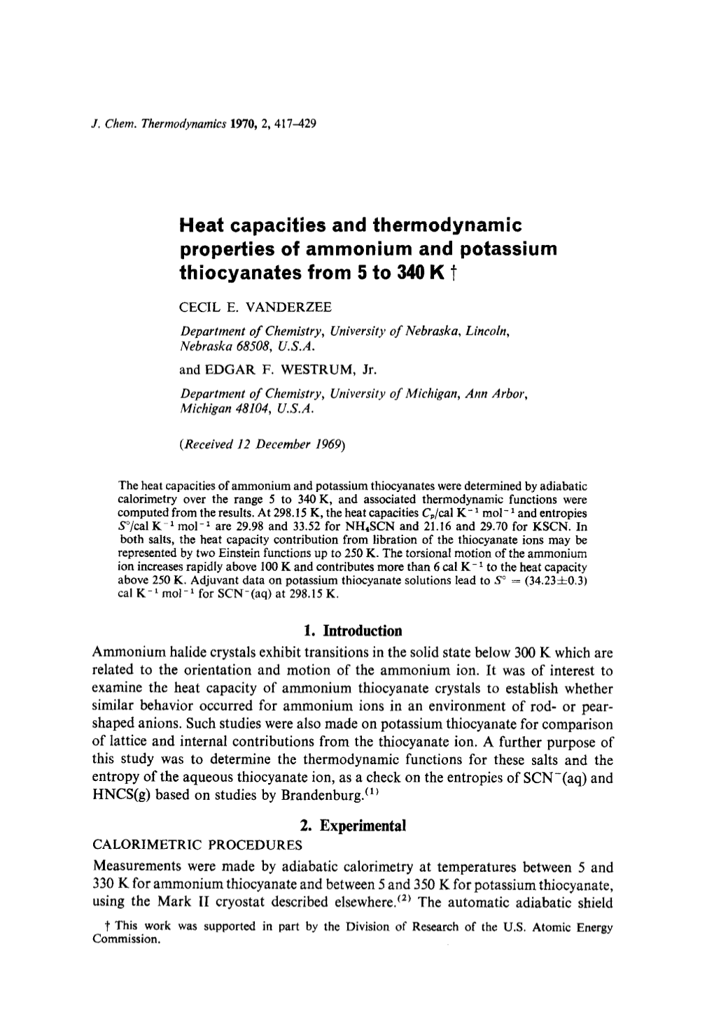 Heat Capacities and Thermodynamic Properties of Ammonium and Potassium Thiocyanates from 5 to 340 K T