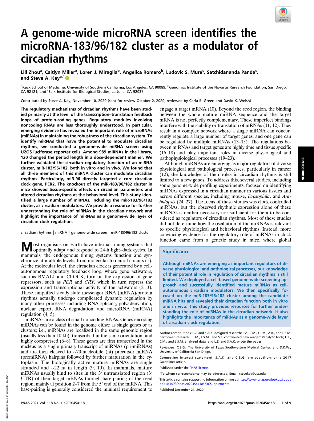 A Genome-Wide Microrna Screen Identifies the Microrna-183/96/182 Cluster As a Modulator of Circadian Rhythms