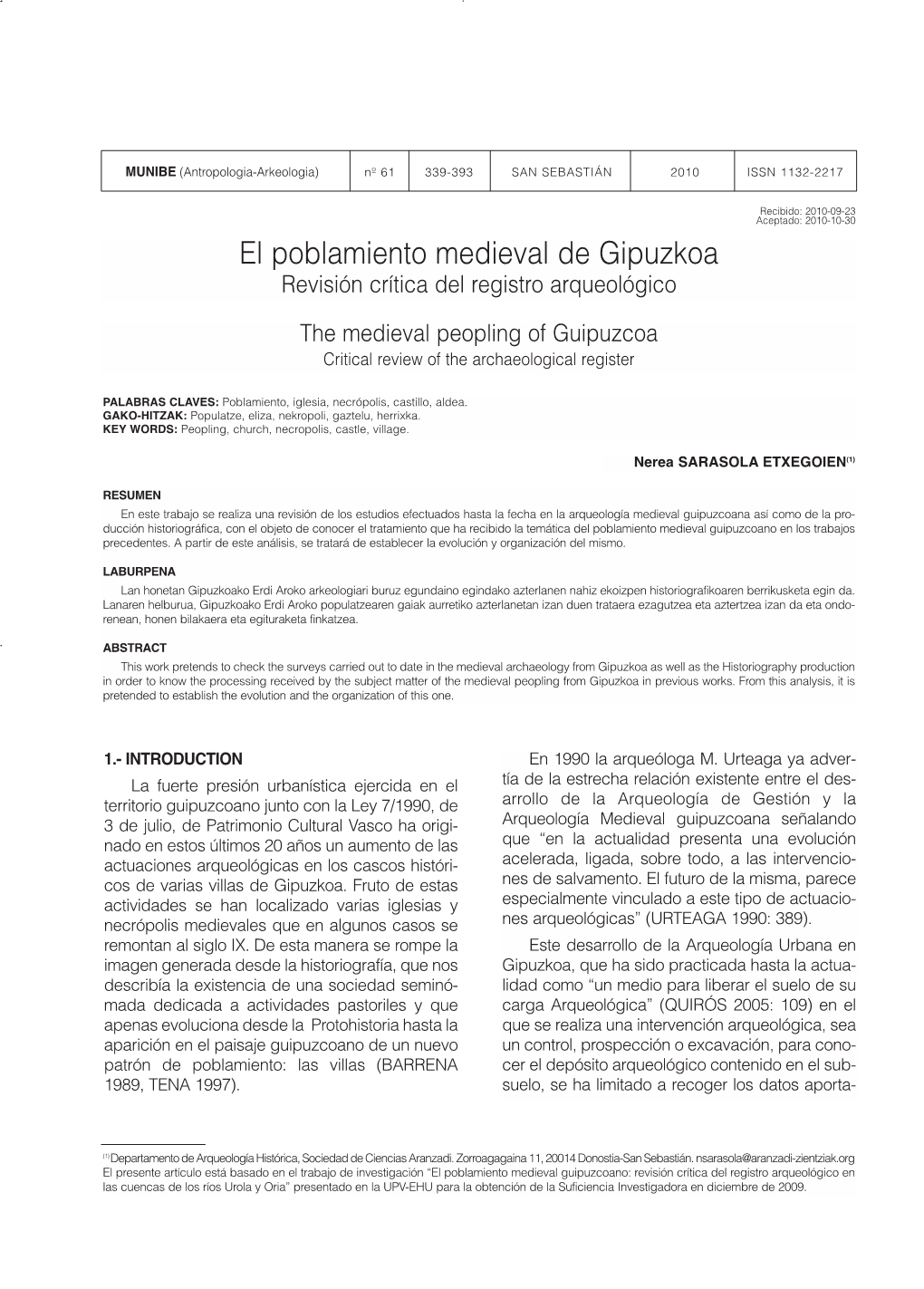 El Poblamiento Medieval De Gipuzkoa Revisión Crítica Del Registro Arqueológico