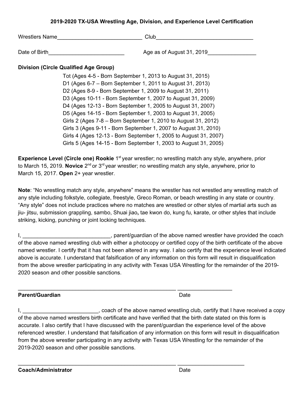 2019-2020 TX-USA Wrestling Age, Division, and Experience Level Certification