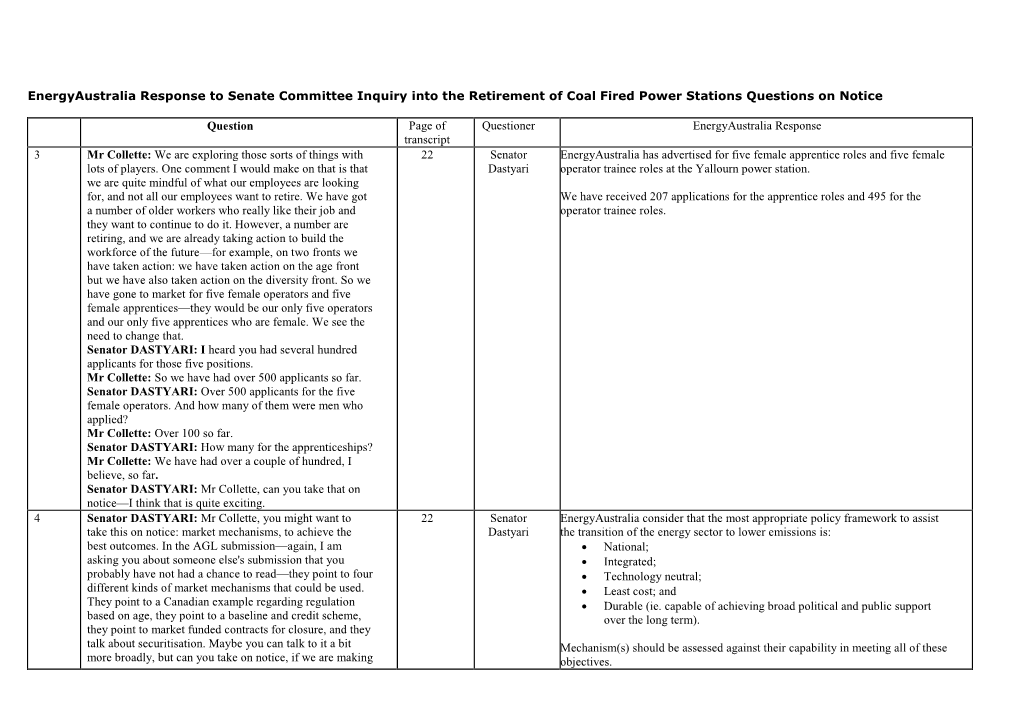 Energyaustralia Response to Senate Committee Inquiry Into the Retirement of Coal Fired Power Stations Questions on Notice