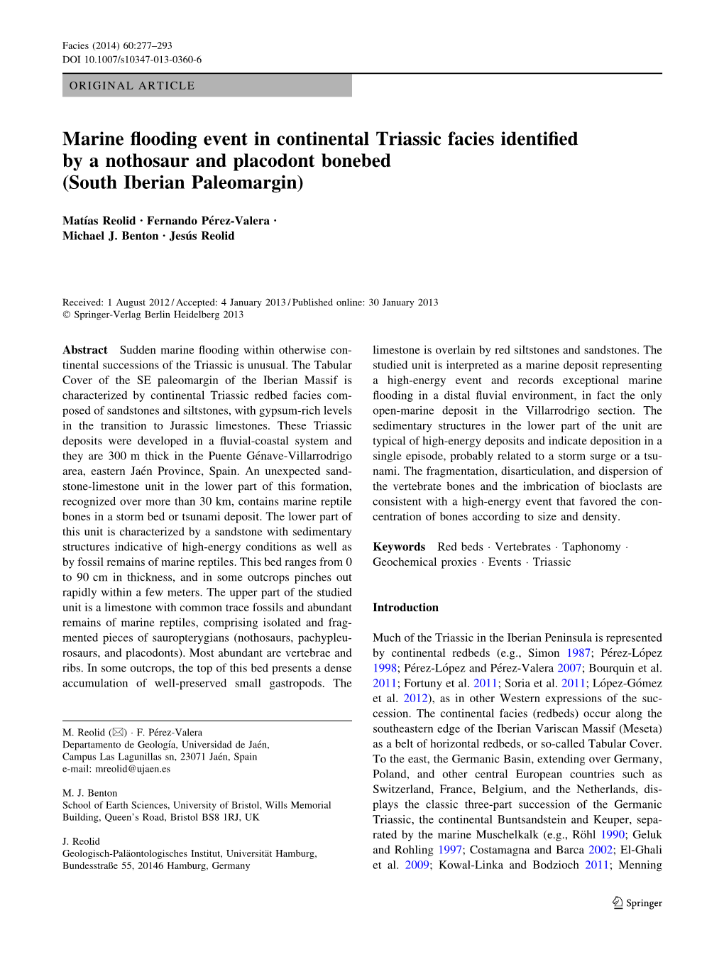 Marine Flooding Event in Continental Triassic Facies Identified by A