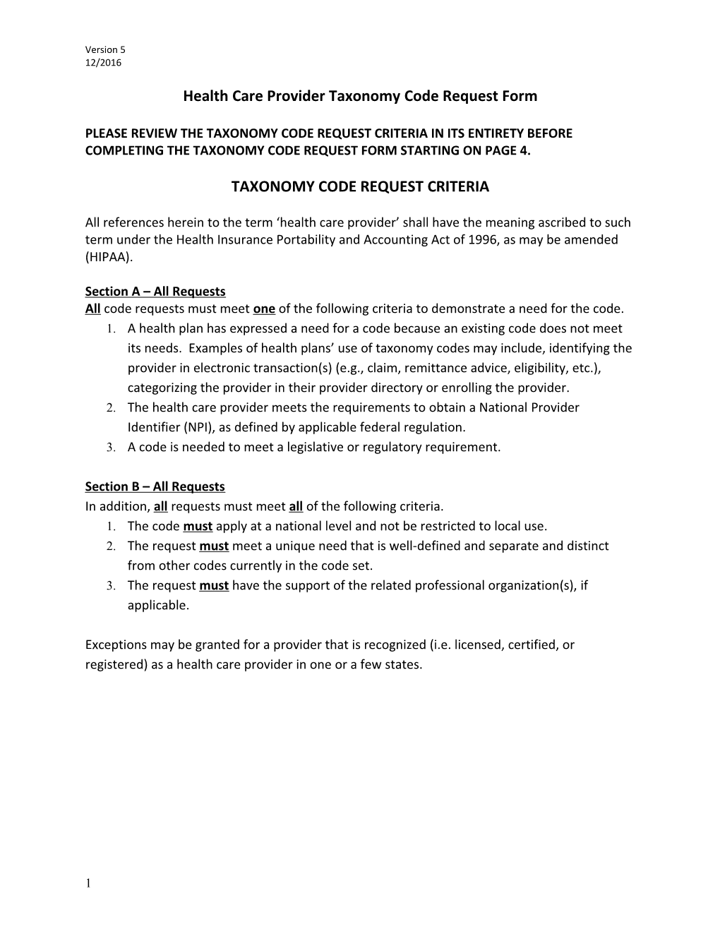 Health Care Provider Taxonomy Code Request Form