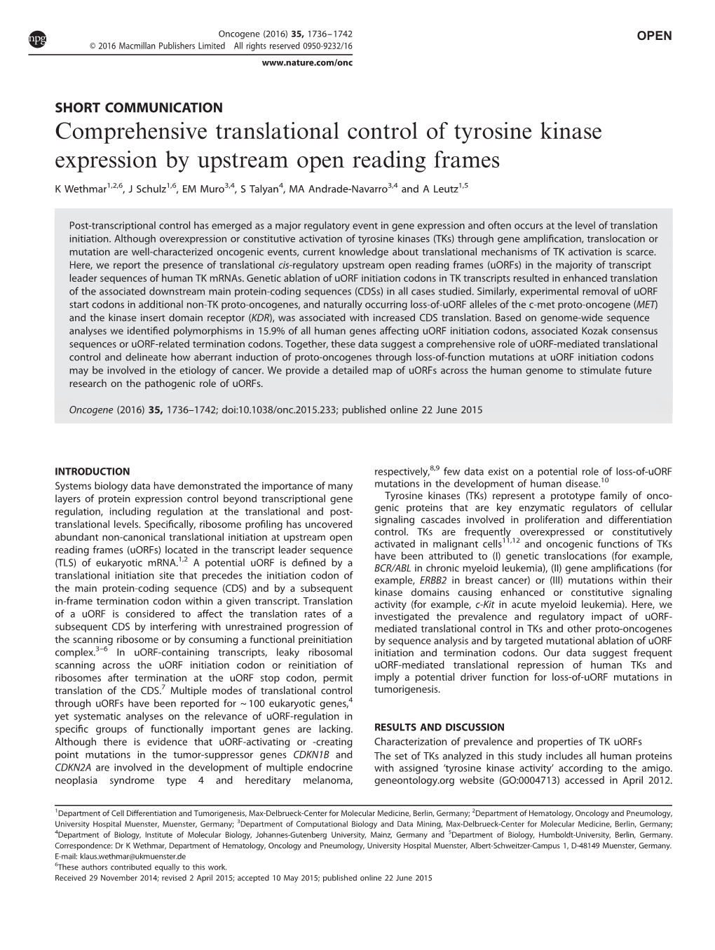 Comprehensive Translational Control of Tyrosine Kinase Expression by Upstream Open Reading Frames