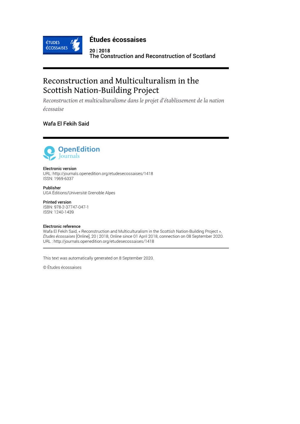 Études Écossaises, 20 | 2018 Reconstruction and Multiculturalism in the Scottish Nation-Building Project 2