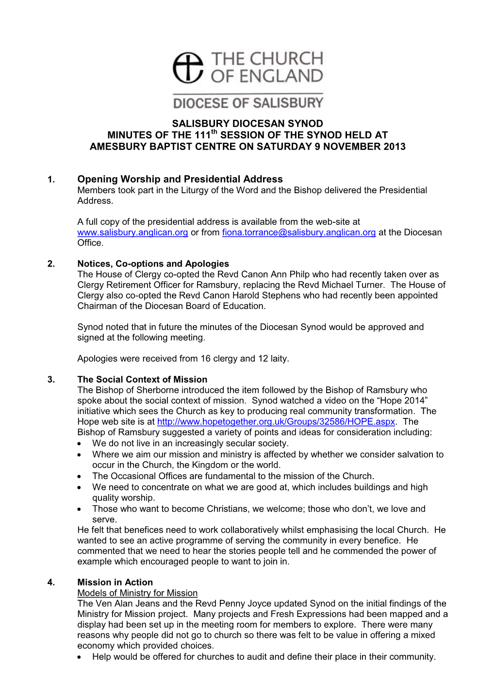 Salisbury Diocesan Synod Minutes of the 111 Session