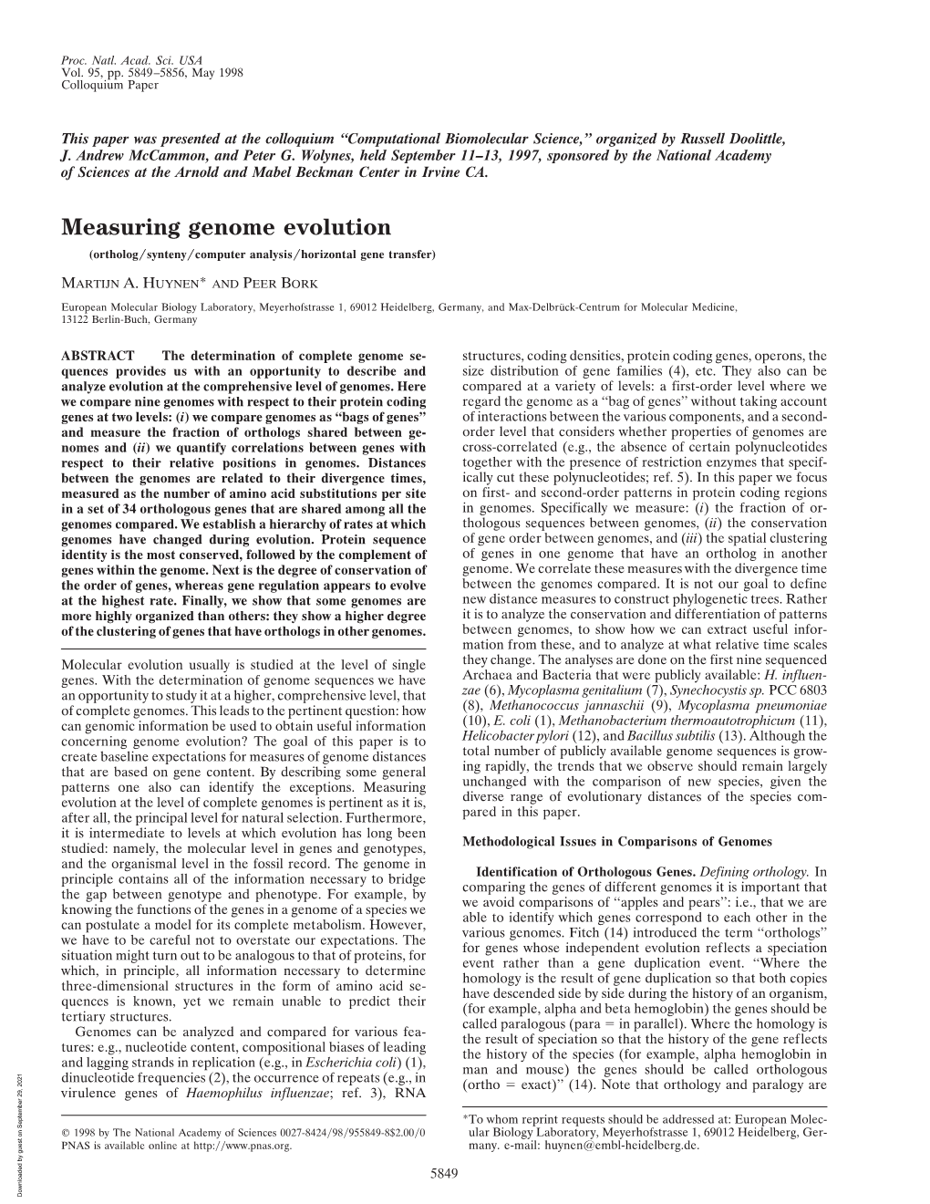 Measuring Genome Evolution (Ortholog͞synteny͞computer Analysis͞horizontal Gene Transfer)