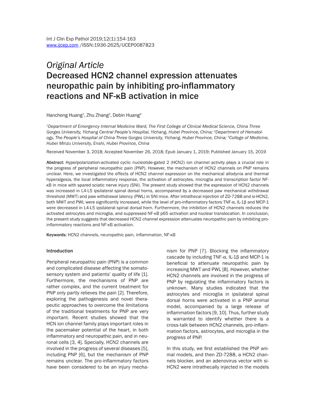 Original Article Decreased HCN2 Channel Expression Attenuates Neuropathic Pain by Inhibiting Pro-Inflammatory Reactions and NF-Κb Activation in Mice