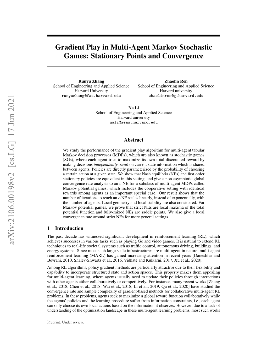 Gradient Play in Multi-Agent Markov Stochastic Games: Stationary Points and Convergence