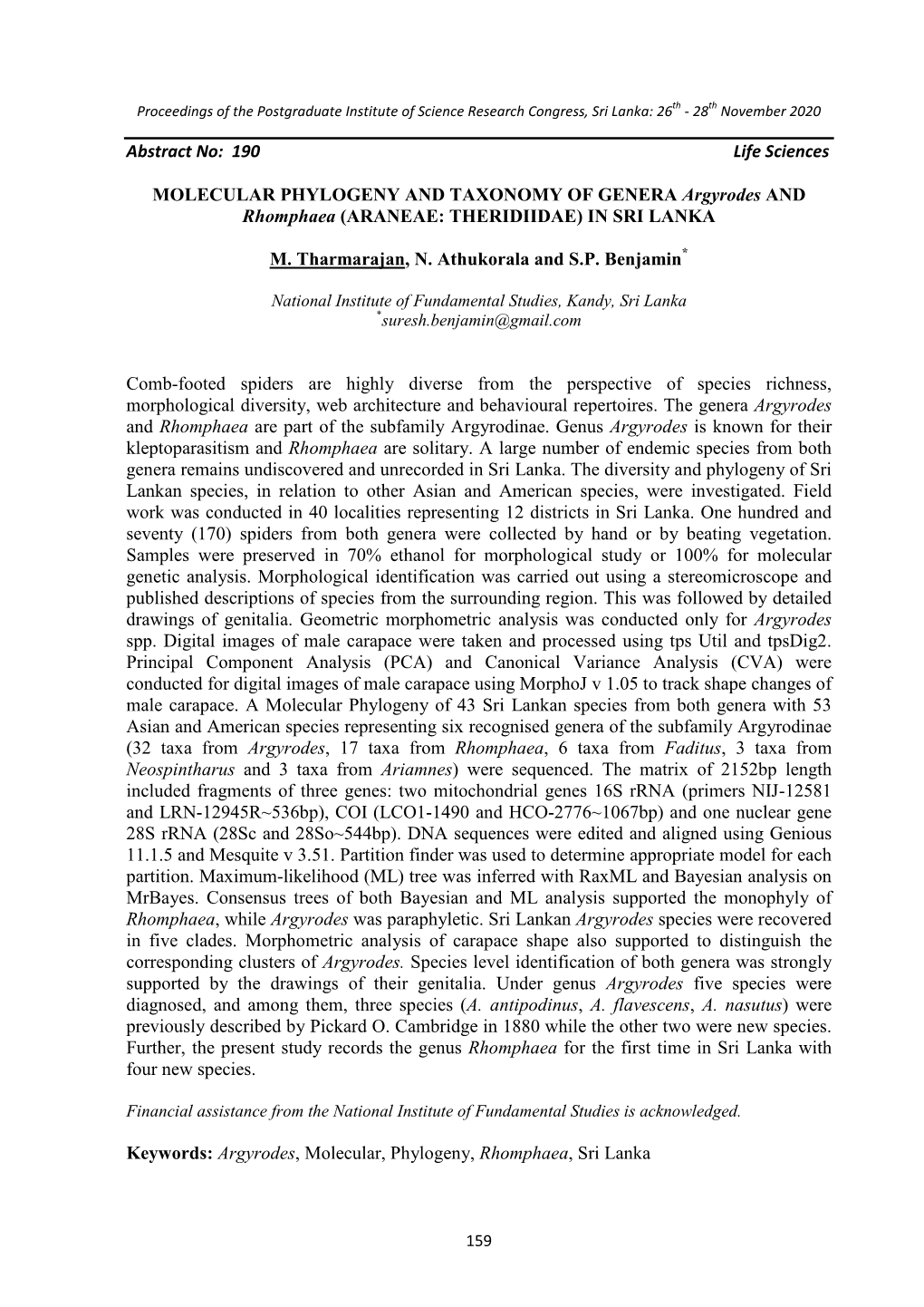 Abstract No: 190 Life Sciences MOLECULAR PHYLOGENY AND