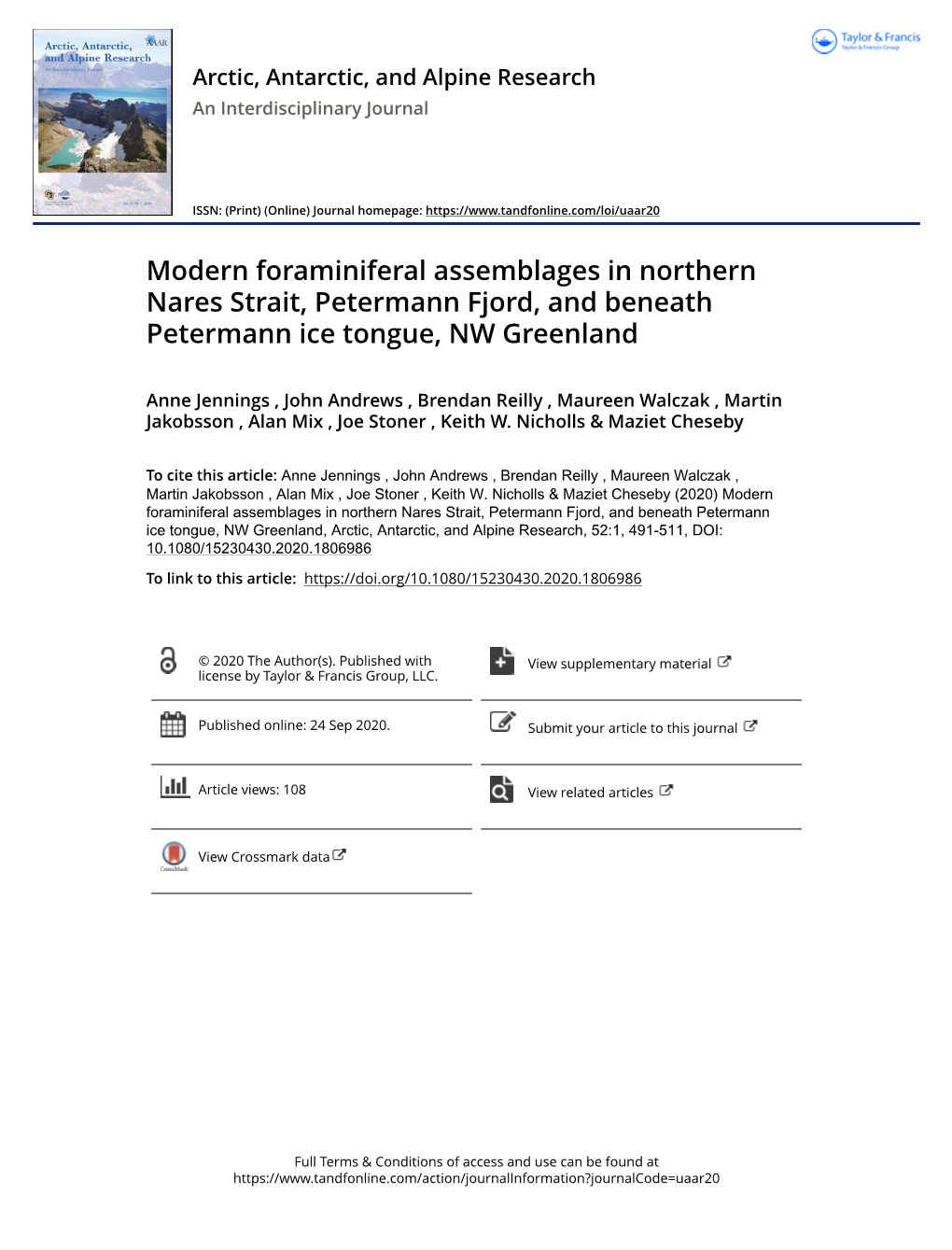 Modern Foraminiferal Assemblages in Northern Nares Strait, Petermann Fjord, and Beneath Petermann Ice Tongue, NW Greenland