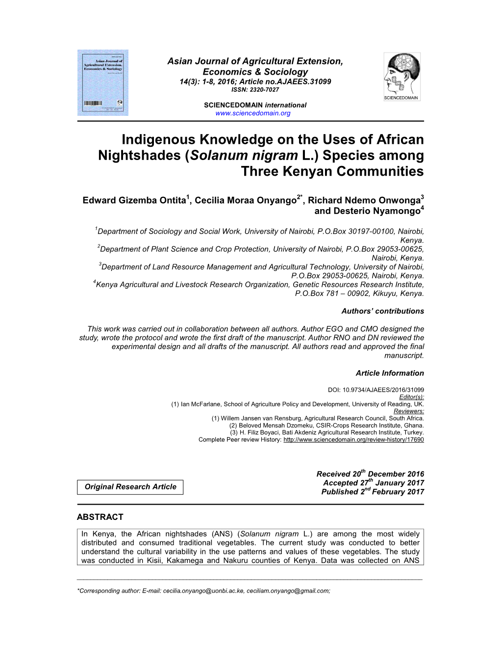 Indigenous Knowledge on the Uses of African Nightshades ( Solanum Nigram L.) Species Among Three Kenyan Communities