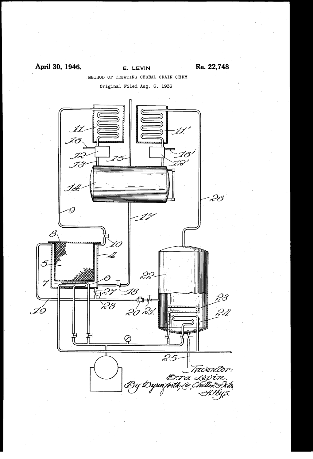 April 30, 1946. E. LEVIN Re. 22,748 METHOD of TREATING CEREAL GRAIN GERM Original Filed Aug