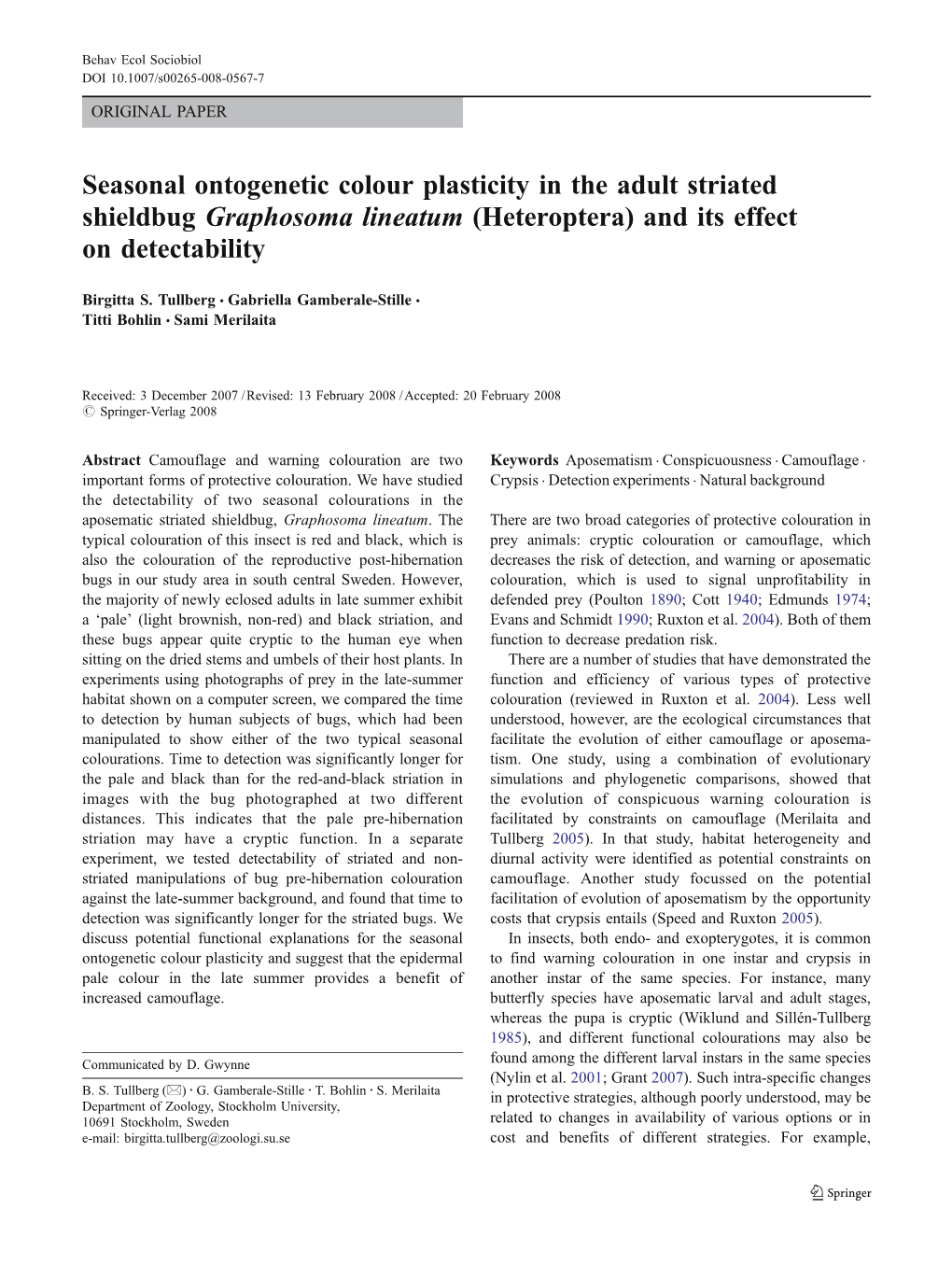 Seasonal Ontogenetic Colour Plasticity in the Adult Striated Shieldbug Graphosoma Lineatum (Heteroptera) and Its Effect on Detectability