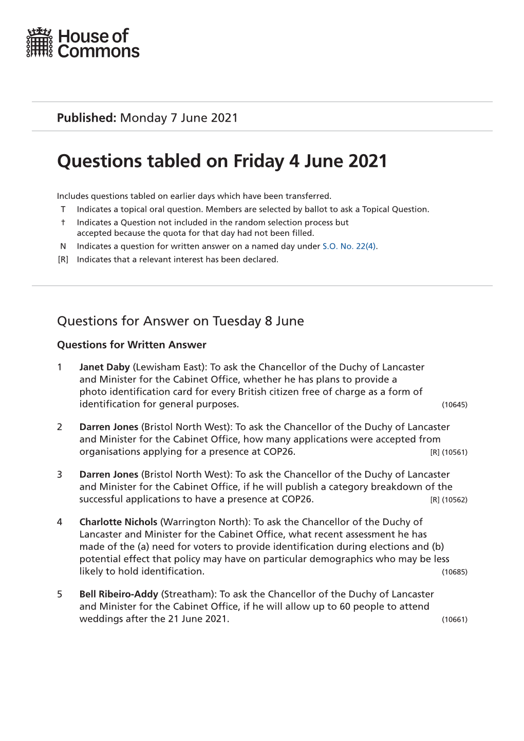 Questions Tabled on Friday 4 June 2021